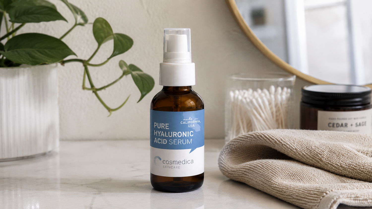 Hyaluronic acid serum with retinol skincare routine setup